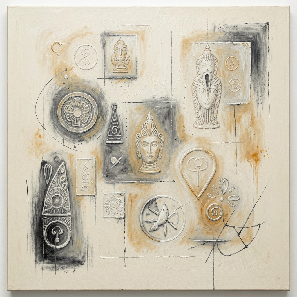 Cultural Formation II — Mixed media work with organic forms and cultural references